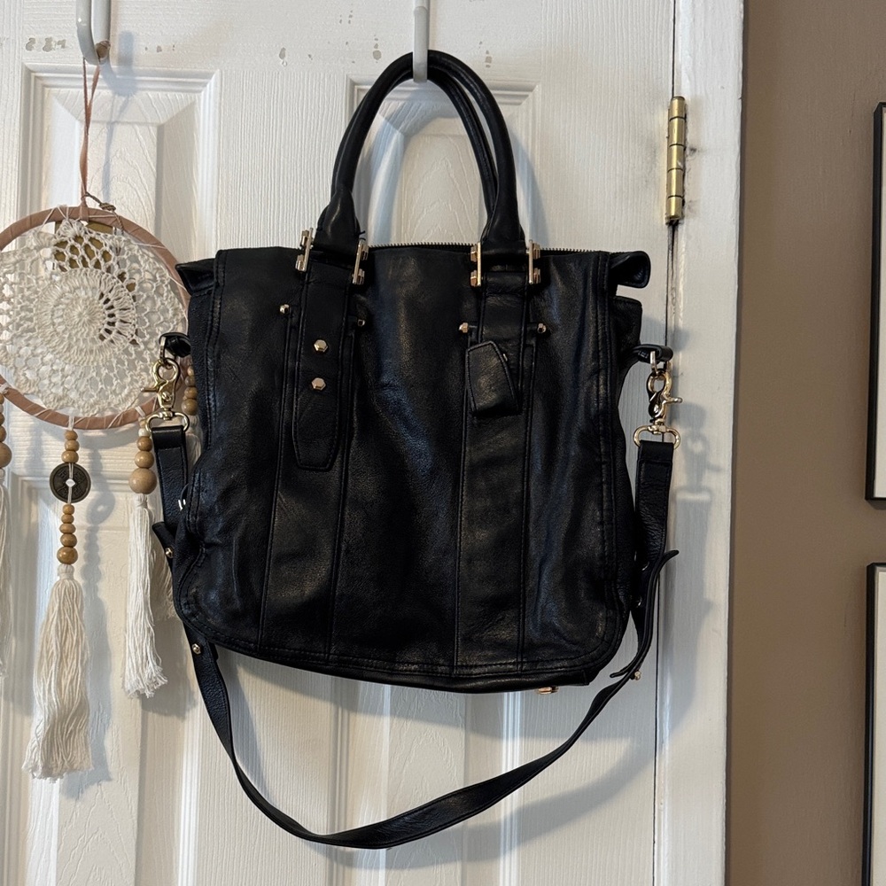 Z Spoke (Zac Posen) Black Leather Tote Bag with Shoulder Strap - gold hardware